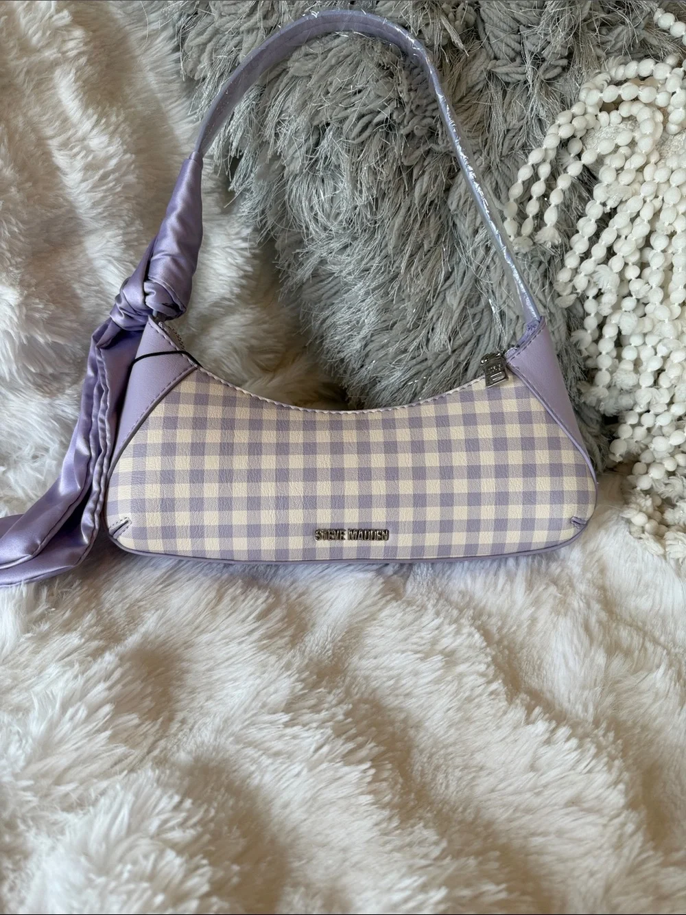 NWT Steve Madden Lilac Gingham Shoulder Bag with Scarf Detail